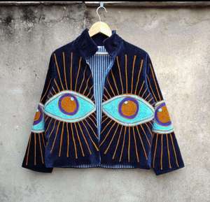 Veste en velours bleu brodée Suzani, veste brodée à la main, manteau artisanal ethnique, vêtements d'extérieur, vestes de demoiselle d'honneur - Product Image 3