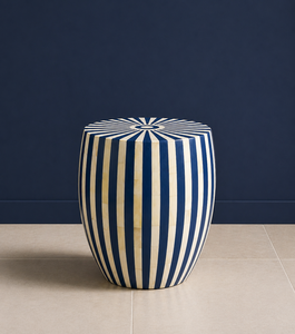 Modern Blue <b>White</b> Striped Wood Bedroom Furniture Side <b>Table</b> Carved Accent Stool Living Room Kitchen Nightstand - Product Image 1