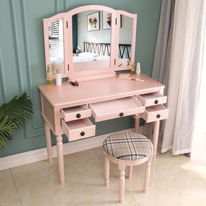 "Oak <b>Makeup</b> Vanity Table with 3 Square <b>Mirror</b> Drawers & Roman Column Design" - Product Image 4
