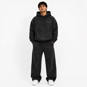 Ensemble de survêtement décontracté Vocksin en molleton épais noir délavé coupe droite pour homme avec pantalon large et sweat à capuche - Product Image 1