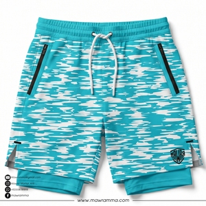 Mawra Short d'entraînement 2-en-1 pour homme, à séchage rapide, avec couche de compression, imprimé bleu et blanc, short de combat MMA, coupe régulière - Product Image 4
