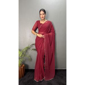 DESIGNER GEORGETTE HAND WORK READY to WEAR SAREE WITH UNSTITCHED <b>BLOUSE</b> <b>RED</b> - Product Image 1