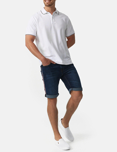 Shorts en jean vintage délavé avec logo personnalisé pour homme, coupe droite, style urbain, boutons sur le devant, décontracté, bleu foncé, avec bande latérale, idéal pour l'été - Product Image 1