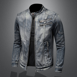 2025 Spring and Autumn Men's Denim Jacket Cool Casual Retro M-4XL Stand Collar Zipper <b>Tops</b> Motorcycle Coat - Product Image 2