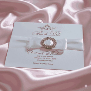 Duallush Designs Carte de Réserve de Date Personnalisée de Luxe avec Monogramme en Feuille d'Or, Ruban en Satin Blanc, Nœud, Boucle en Strass et Perle - Product Image 3
