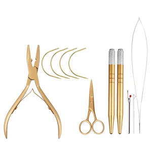 Kit d'outils professionnels de pointe pour extensions de cheveux en acier inoxydable plaqué or, matériau composite de haute qualité, tendance actuelle, pour la maison - Product Image 1