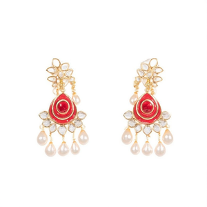 Pearl and Kundan Studded <b>Red</b> Enameled Chandbali <b>Earrings</b> - Product Image 2