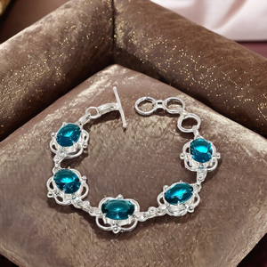Bracelet en argent Sterling réglable élégant fait à la main pour femmes pierres précieuses Indicolite ovale bleu vert pour fête mariage chrétien - Product Image 1