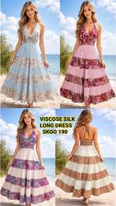 Robe longue en viscose et soie de luxe pour femmes, décontractée, élégante, col en V, manches longues, été, plage, fête, robes fluides pour femmes - Product Image 5