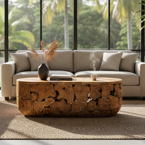 Table basse ovale de luxe en bois naturel artisanal, meubles de salon, ambiance chaleureuse et accueillante, teck de qualité supérieure ARTERRA - Product Image 4