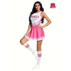 Ensemble d'uniformes de cheerleading rose et blanc avec jupe à imprimé « Cheers » et nœud, style adulte, pour écoles, clubs et équipes - Product Image 1