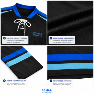 Camiseta de hockey sobre hielo para hombre, personalizada por sublimación, en negro, azul real y azul cielo, con cuello con cordones y número de nombre personalizado - Product Image 3