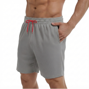 Shorts de sport gris personnalisés pour hommes, côtelés, pour la gym, décontractés, avec poches et cordon contrastant, vente en gros 100% - Product Image 1
