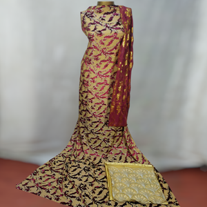 Mariage en velours Maqbal somalien de haute qualité Dirac couleur or et rouge conception de motif fabuleux pour une tenue traditionnelle et de fête - Product Image 1