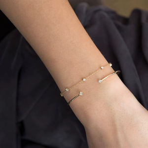 Bracelet chaîne délicat en or massif 14K avec diamant de laboratoire antique de 0,15 ct, taille mixte, serti clos, pierre cubique, cadeau pour elle - Product Image 2