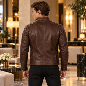 Veste rétro en cuir véritable marron foncé pour homme, couleur café, forme classique de motard, pour un style décontracté d'inspiration vintage. - Product Image 6