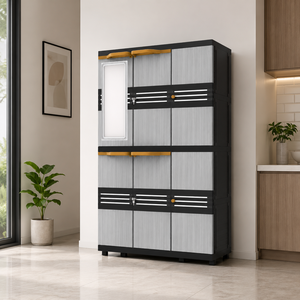 Naiba Mega Portable <b>Plastic</b> Cabinet/Wardrobe with Gray Wood Style Doors & <b>Mirror</b> Suitable for Clothing & Bedroom Storage - Product Image 1