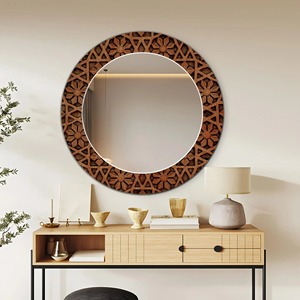 Espejo de pared moderno hecho a mano, nueva combinación de madera con incrustaciones de hueso y placas adhesivas para decoración del hogar, recibidor o bodas. - Product Image 5