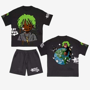 Mens 290 GSM Heavyweight Cotton Blend Black Orange Flame Graphic T Shirt And Shorts <b>Set</b> DTG Print Logo Men's T shirt Short <b>Set</b> - Product Image 2