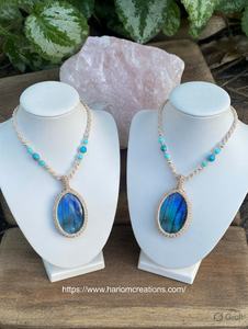 Collier en macramé fait main, cordon beige, pendentif labradorite, style bohème, réglable, bijoux en cristal de guérison, vente en gros - Product Image 4