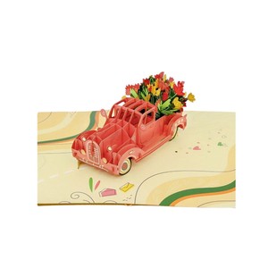 Tarjetas de felicitación 3D florales hechas a mano con un coche rojo vintage y un ramo de tulipanes, tarjeta 3D emergente para el Día de San Valentín - Product Image 1