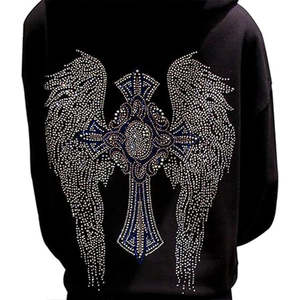 Sweat à capuche zippé pour homme avec ailes d'ange et croix gothique en strass, motif graphique scintillant noir de luxe 2026, style streetwear Y2K, coupe oversize - Product Image 2