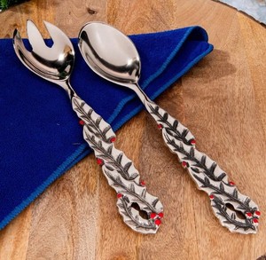 Christmas Holly Leaf Salad Serving Set – Stainless Steel Spoon & <b>Fork</b> with Decorative Holiday Handle for Dining & Gifting - Product Image 1