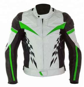 Blouson de moto en cuir pour homme, coupe-vent, color-block vert noir blanc, style racing, toutes saisons - Product Image 1