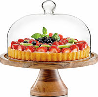 Support à gâteau rond de style moderne en bois d'acacia de 10 pouces de diamètre, avec couvercle en dôme et pied en acrylique, fabriqué en Inde