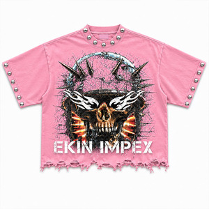 Custom Logo Heavy Cotton Oversized Acid Wash Distressed Hem <b>Skull</b> Print Streetwear T-Shirt for Men - Product Image 1