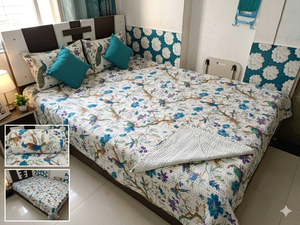 Couvre-lit moderne bohème en coton imprimé floral et oiseaux, patchwork, blanc et bleu, pour la maison et l'hôtel, fait main indien Kantha - Product Image 6