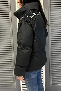 Men's <b>Black</b> Puffer <b>Jacket</b> Stand Collar Zipper Closure <b>Sequin</b> Embroidery Windproof Winter Coat Casual Style - Product Image 5