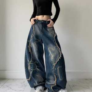 Pantalon en jean brodé unisexe personnalisé OEM, coupe large et décontractée, style streetwear, avec nœuds et volants en dentelle - Product Image 6