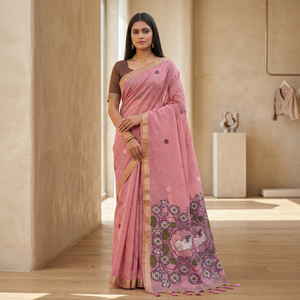 Sari en coton rose avec broderies florales et animalières Meenakari, travail traditionnel indien, vêtement pour femmes, style décontracté - Product Image 4
