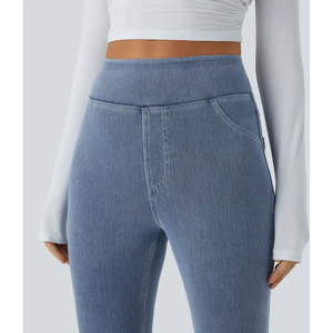 Legging en jean vintage pour femme, coupe skinny, super extensible, taille haute élastique, poches arrière, effet faux devant, style décontracté et simple - Product Image 3