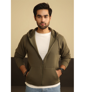 Sweat-shirt à capuche zippé en polaire vert olive classique pour homme, avec cordon de serrage personnalisé, couleur unie, style décontracté, vente en gros - Product Image 5