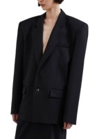 Blazer long sur mesure en velours tissé noir uni, respirant, à bouton unique, manches longues, coupe ample pour femme, viscose/polyester