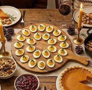 Plateau à œufs farcis en bois massif avec poignée pour la présentation d'apéritifs à bas prix - Product Image 1