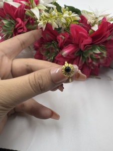 Vintage Flower Black Onyx <b>Cocktail</b> <b>Ring</b> 18K <b>Gold</b> Plated Brass Women's Statement Jewelry Party Floral Design - Product Image 3