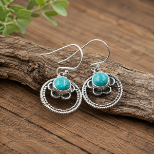 Pendientes Colgantes de Turquesa Natural, Plata de Ley 925, Estilo Boho, Florales, Circulares, Hechos a Mano, Joyería de Piedras Preciosas para Mujer - Product Image 6