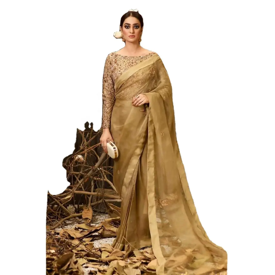 Pakistani Indian Designer Golden Organza Silk Saree Party Wear Hot Selling Dress 2023