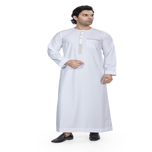 <b>Men's</b> White Cotton <b>Thobe</b> Long Sleeve Floor Length Round Neck Embroidery Modest Daily Wear Middle Eastern Style - Product Image 3