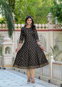Kurta Anarkali en coton imprimé doré avec dupatta, couleur noire, pour femme, vêtement ethnique d'été pour fêtes et occasions, séchage rapide, recyclé - Product Image 4