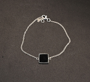 Best Selling 925 Silver Chain Black Onyx <b>Gemstone</b> 12mm Square Shape Bezel Setting Rhodium Plated Minimalist <b>Bracelet</b> For Women's - Product Image 4