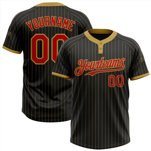 Maillot de baseball noir à fines rayures pour homme, uniforme d'équipe personnalisé, bordure jaune, boutons sur le devant, manches courtes, 100 % polyester sublimé - Product Image 3