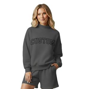 Conjunto de Sudadera Oversize de Cuello Alto con Estampado de Texto Personalizado en Gris Oscuro y Pantalones Cortos para Mujer, Manga Larga, Estilo Casual Urbano y Deportivo - Product Image 1