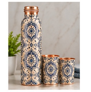 Juego de Botellas de Agua de Cobre Hechas a Mano con Diseño de Abanico Oriental, Botellas Portátiles para Viaje, Diseño Azul y Blanco - Product Image 4