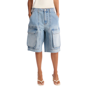 Women <b>Light</b> Blue Washed Denim Cargo Shorts Wide Leg Casual Mid Multi Pocket Summer Fashion Breathable Quick Dry Loose Fit Knee - Product Image 1