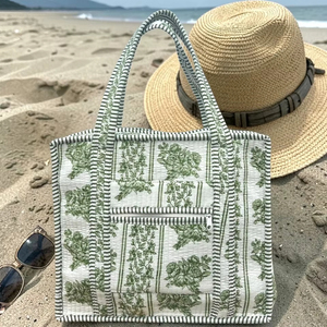 Women's Cotton Quilted Tote <b>Bag</b> Green Floral Print Zipper Pocket Shoulder Handbag Durable <b>Beach</b> Travel Shopping Carryall <b>Bag</b> - Product Image 1