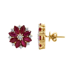 Wholesale 18k Yellow Gold Natural Marquise Ruby Diamond Floral Cluster Stud Earrings Memoria Jewels - Product Image 4